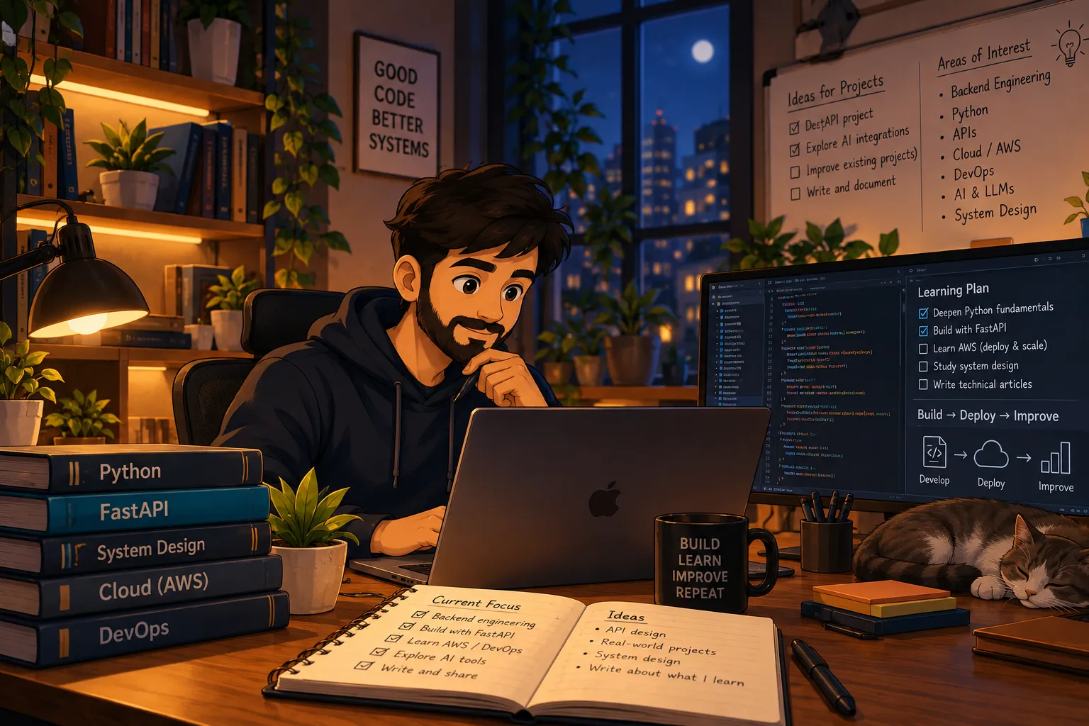 Illustrated engineering workspace with notes on Python, FastAPI, cloud, DevOps, and system design